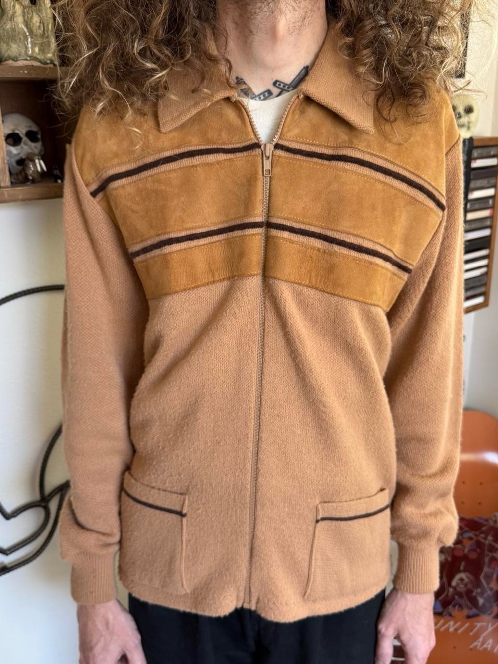 Vintage 70s Suede Panel Knit Sweater Jacket Retro Rockabilly ~ Size Medium